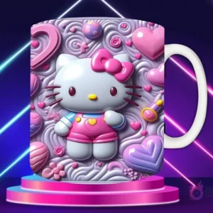 Taza sublimada con diseño 3D de Hello Kitty con lazo rosa, en enterito rosa, rodeada de corazones, estrellas y adornos 3D en tonos rosa y lila.