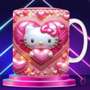 Taza sublimada con diseño 3D de Hello Kitty con lazo rosa, con jardineras, sujetando un corazón, fondo de paisaje de arcoíris y montañas.