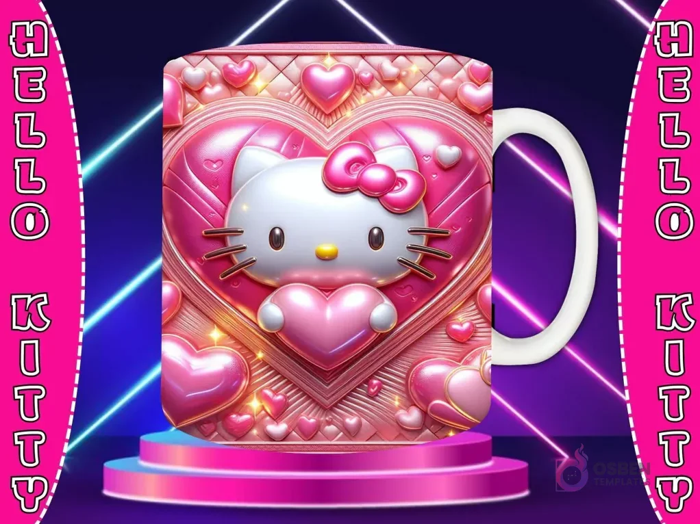 Taza sublimada con diseño 3D de Hello Kitty con lazo rosa, con jardineras, sujetando un corazón, fondo de paisaje de arcoíris y montañas. Taza sublimada con diseño 3D de Hello Kitty con lazo rosa, con jardineras, sujetando un corazón, fondo de paisaje de arcoíris y montañas.