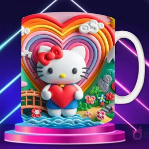 Taza sublimada con diseño 3D de Hello Kitty con lazo rosa, vestida de rosa, fondo de corazón rosa con muchos corazones y nubes texturizadas.