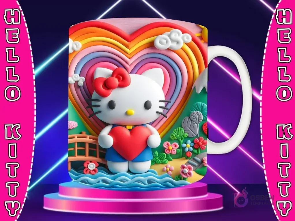 Taza sublimada con diseño 3D de Hello Kitty con lazo rosa, vestida de rosa, fondo de corazón rosa con muchos corazones y nubes texturizadas. Taza sublimada con diseño 3D de Hello Kitty con lazo rosa, vestida de rosa, fondo de corazón rosa con muchos corazones y nubes texturizadas.