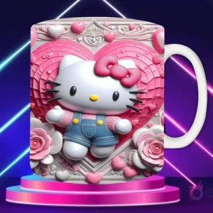 Taza sublimada con diseño 3D de Hello Kitty con lazo rojo, vestida de rojo, en un paisaje de colinas con un gran corazón rojo de líneas curvadas.