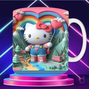 Taza sublimada con diseño 3D de Hello Kitty con lazo rosa, vestida de rosa, sobre fondo de corazón rosa con encaje y flores en relieve.