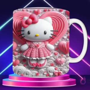 Taza sublimada con diseño 3D de Hello Kitty con lazo rosa, vestida de rosa, sobre fondo de corazón rosa con un río y flores en 3D.