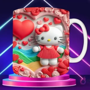 Taza sublimada con diseño 3D de Hello Kitty con lazo rojo, en un bote con un corazón, fondo de arcoíris y mar con nubes y flores.