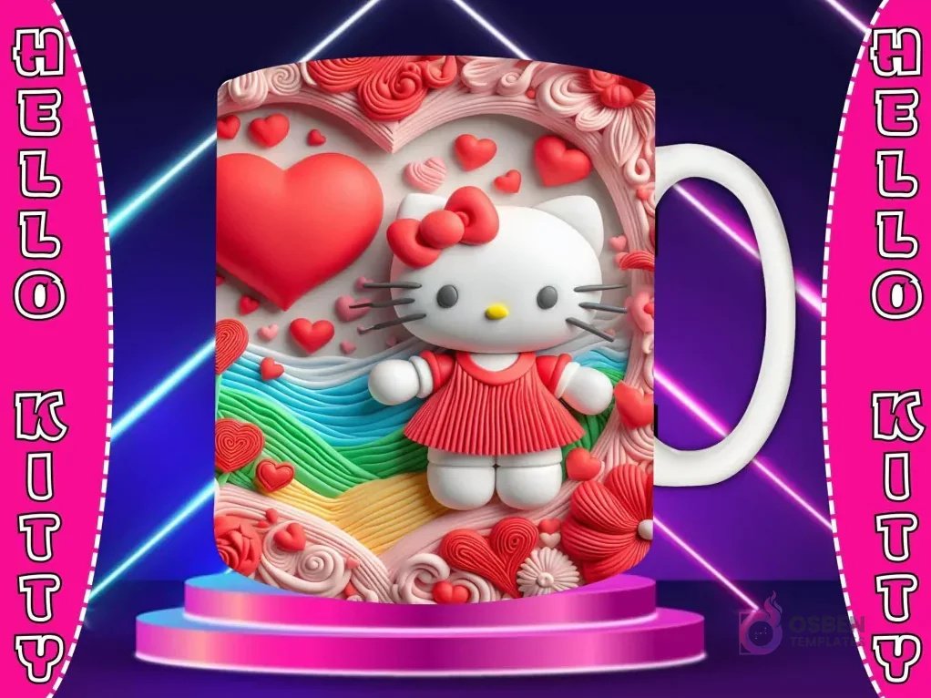 Taza sublimada con diseño 3D de Hello Kitty con lazo rojo, en un bote con un corazón, fondo de arcoíris y mar con nubes y flores. Taza sublimada con diseño 3D de Hello Kitty con lazo rojo, en un bote con un corazón, fondo de arcoíris y mar con nubes y flores.