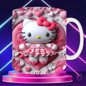 Taza sublimada con diseño 3D de Hello Kitty con lazo rosa, en enterito rosa, sobre fondo de corazón rosa con textura de diamantes y brillos.
