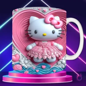 Taza sublimada con diseño 3D de Hello Kitty con lazo rojo, sosteniendo un corazón rojo, fondo de paisaje con arcoíris, nubes y montañas.
