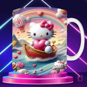 Taza sublimada con diseño 3D de Hello Kitty con lazo rojo, vestida de rojo, en un paisaje de río con un gran corazón de hilos rojos entrelazados.