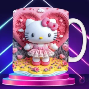 Taza sublimada con diseño 3D de Hello Kitty con lazo rosa, vestida de rosa, en un paisaje primaveral con un gran corazón rosa texturizado.