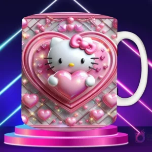 Taza sublimada con diseño 3D de Hello Kitty con lazo rosa, cabeza centrada en un corazón brillante rosa y elementos ornamentales.
