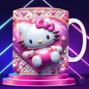 Taza sublimada con diseño 3D de Hello Kitty con lazo rosa, sosteniendo un corazón rosa, rodeada de corazones y adornos en tonos rosa y blanco.