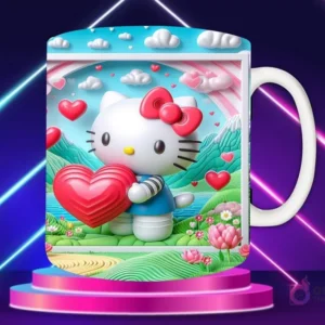 Taza sublimada con diseño 3D de Hello Kitty vestida de rojo con lazo rojo, en un campo de corazones rojos y formas curvas texturizadas.