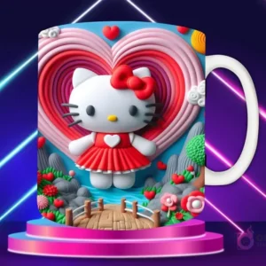 Taza sublimada con diseño 3D de Hello Kitty con lazo rosa, en enterito rosa, rodeada de corazones, estrellas y adornos 3D en tonos rosa y lila.