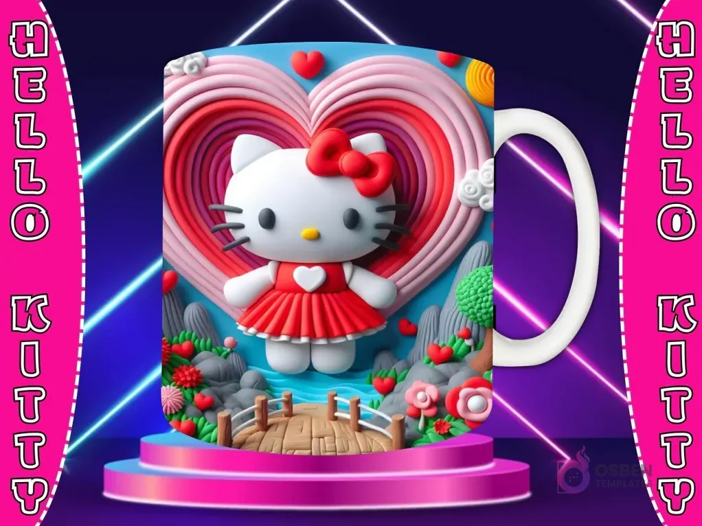 Taza sublimada con diseño 3D de Hello Kitty con lazo rosa, en enterito rosa, rodeada de corazones, estrellas y adornos 3D en tonos rosa y lila. Taza sublimada con diseño 3D de Hello Kitty con lazo rosa, en enterito rosa, rodeada de corazones, estrellas y adornos 3D en tonos rosa y lila.