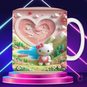 Taza sublimada con diseño 3D de Hello Kitty con lazo rojo, vestida de rojo, con un gran corazón de hilos rojos y un paisaje verde campestre.