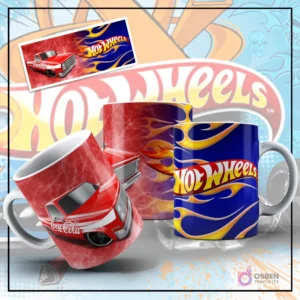Mockup de taza sublimada con diseño de Hot Wheels, mostrando una camioneta pickup roja estilo Coca-Cola sobre un fondo rojo texturizado. Otra taza con el logo de Hot Wheels y llamas azules y amarillas, y una imagen plana del diseño de la camioneta roja.