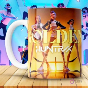 Taza blanca KPOP con diseño Golden Huntrix y cuatro personajes femeninos futuristas
