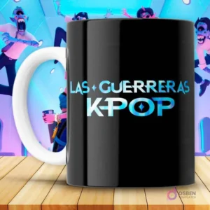 Taza negra KPOP con texto holográfico 'Las Guerreras KPOP'