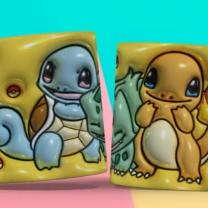 Taza sublimada con plantilla 3D de Pokémon: Squirtle, Bulbasaur y Charmander