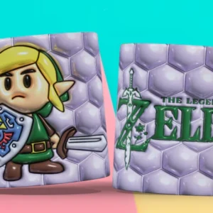 Taza sublimada con plantilla 3D de Link de The Legend of Zelda y patrón hexagonal