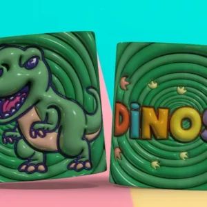 Taza sublimada con plantilla 3D de T-Rex dinosaurio y texto 'DINOS'