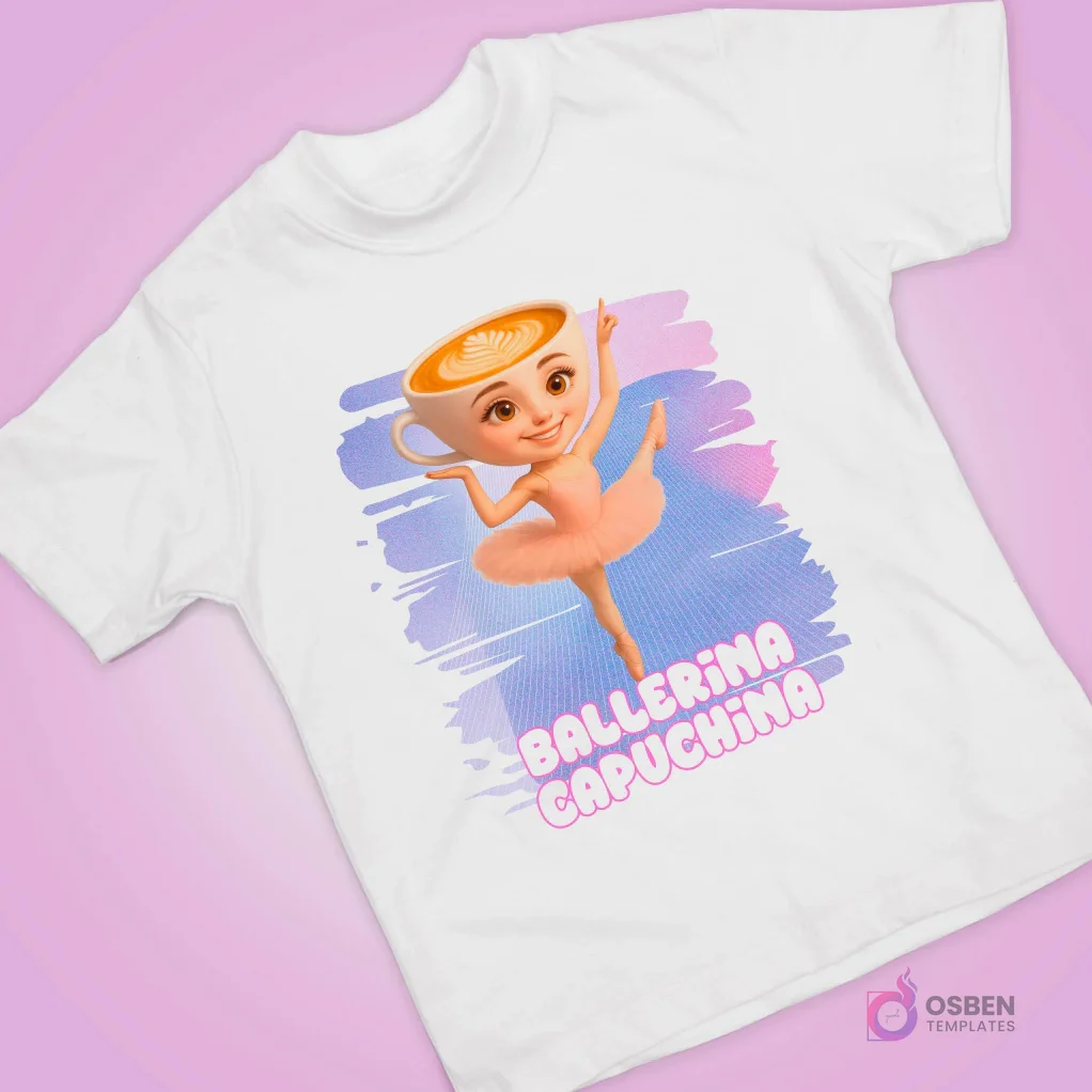 Polera blanca con elegante diseño de taza de café caricaturizada como bailarina clásica, fondo suave. Polera blanca con elegante diseño de taza de café caricaturizada como bailarina clásica, fondo suave.