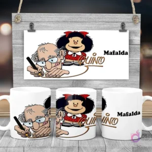 Taza de sublimación con Mafalda y Quino dibujando su personaje