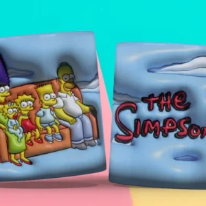 Taza sublimada con plantilla 3D de Los Simpson en el sofá y su logo