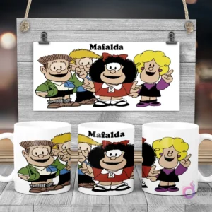 Taza de sublimación de Mafalda con sus amigos Manolito, Susanita, Miguelito y Felipe