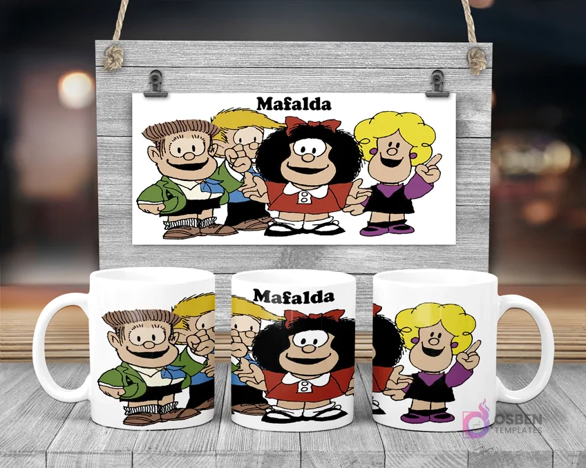 Taza de sublimación de Mafalda con sus amigos Manolito, Susanita, Miguelito y Felipe Taza de sublimación de Mafalda con sus amigos Manolito, Susanita, Miguelito y Felipe