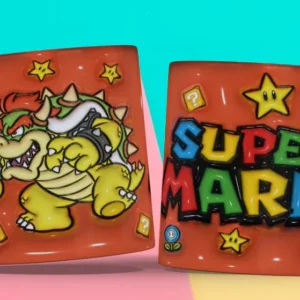 Taza sublimada con plantilla 3D de Bowser de Super Mario y estrellas