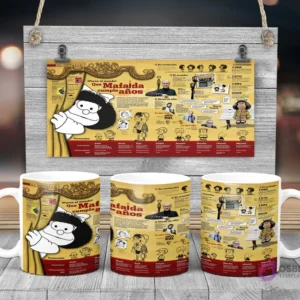 Taza de sublimación con infografía de la cronología de Mafalda y sus personajes, celebrando su cumpleaños