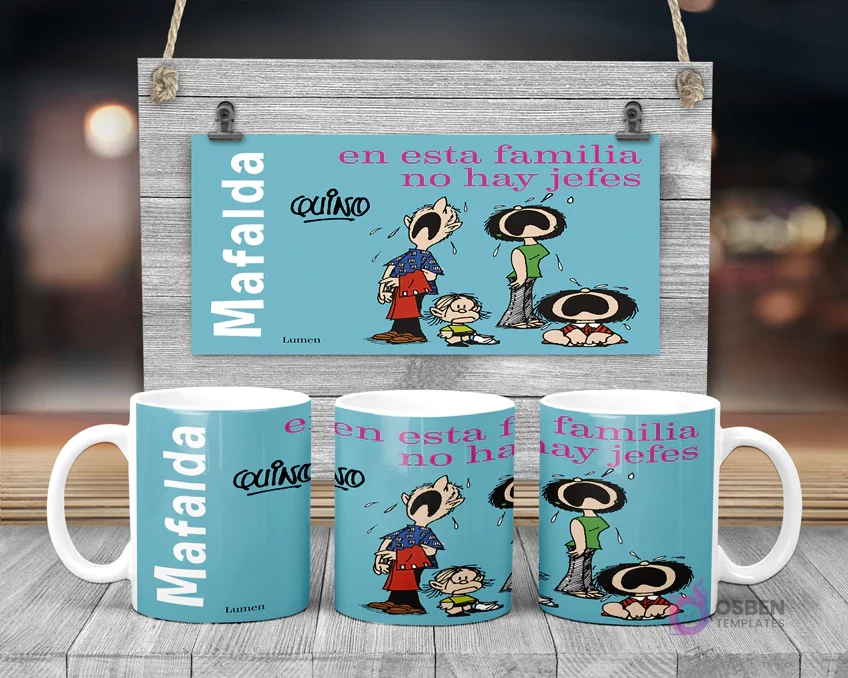 Taza de sublimación con Mafalda, sus padres y su hermano llorando, con la frase 'en esta familia no hay jefes' Taza de sublimación con Mafalda, sus padres y su hermano llorando, con la frase 'en esta familia no hay jefes'