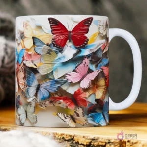 Taza sublimada con gran cantidad de mariposas 3D de colores vibrantes volando, con efecto de relieve y profundidad.