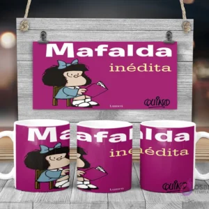 Taza de sublimación de Mafalda leyendo un libro con el texto 'Mafalda inédita'
