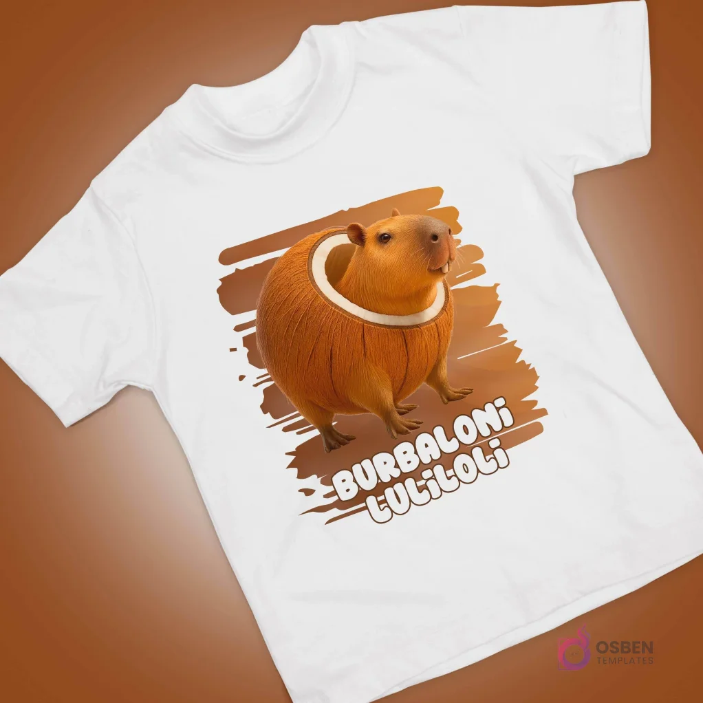 Polera blanca con diseño animado de capibara adorable dentro de un coco, con fondo marrón. Polera blanca con diseño animado de capibara adorable dentro de un coco, con fondo marrón.