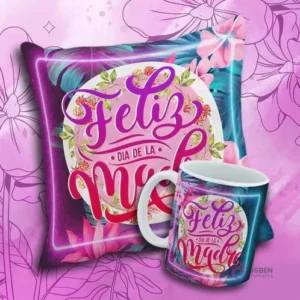 Taza y cojín sublimado con marco de neón azul y rosa, hojas tropicales y el texto 'Feliz Día de la Madre'.