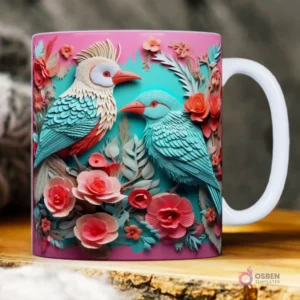 Taza sublimada con dos pájaros 3D de papel recortado en tonos turquesa y blanco rodeados de flores rosadas, fondo teal.