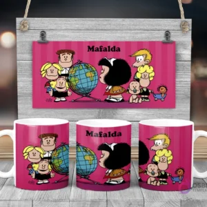 Taza de sublimación de Mafalda y sus amigos (Manolito, Susanita, Miguelito, Felipe) observando el globo terráqueo