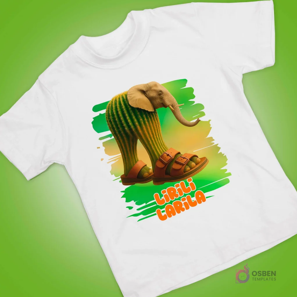 Polera blanca con diseño surrealista de elefante con patas de cactus y sandalias, sobre fondo verde. Polera blanca con diseño surrealista de elefante con patas de cactus y sandalias, sobre fondo verde.