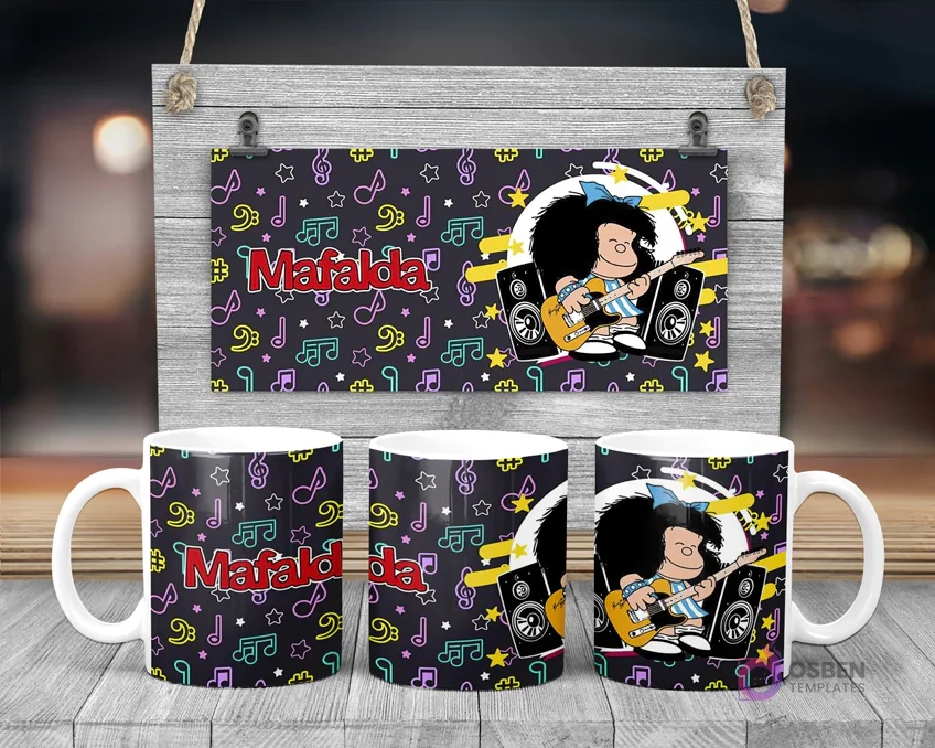 Taza de sublimación de Mafalda rockera tocando guitarra eléctrica sobre fondo musical Taza de sublimación de Mafalda rockera tocando guitarra eléctrica sobre fondo musical