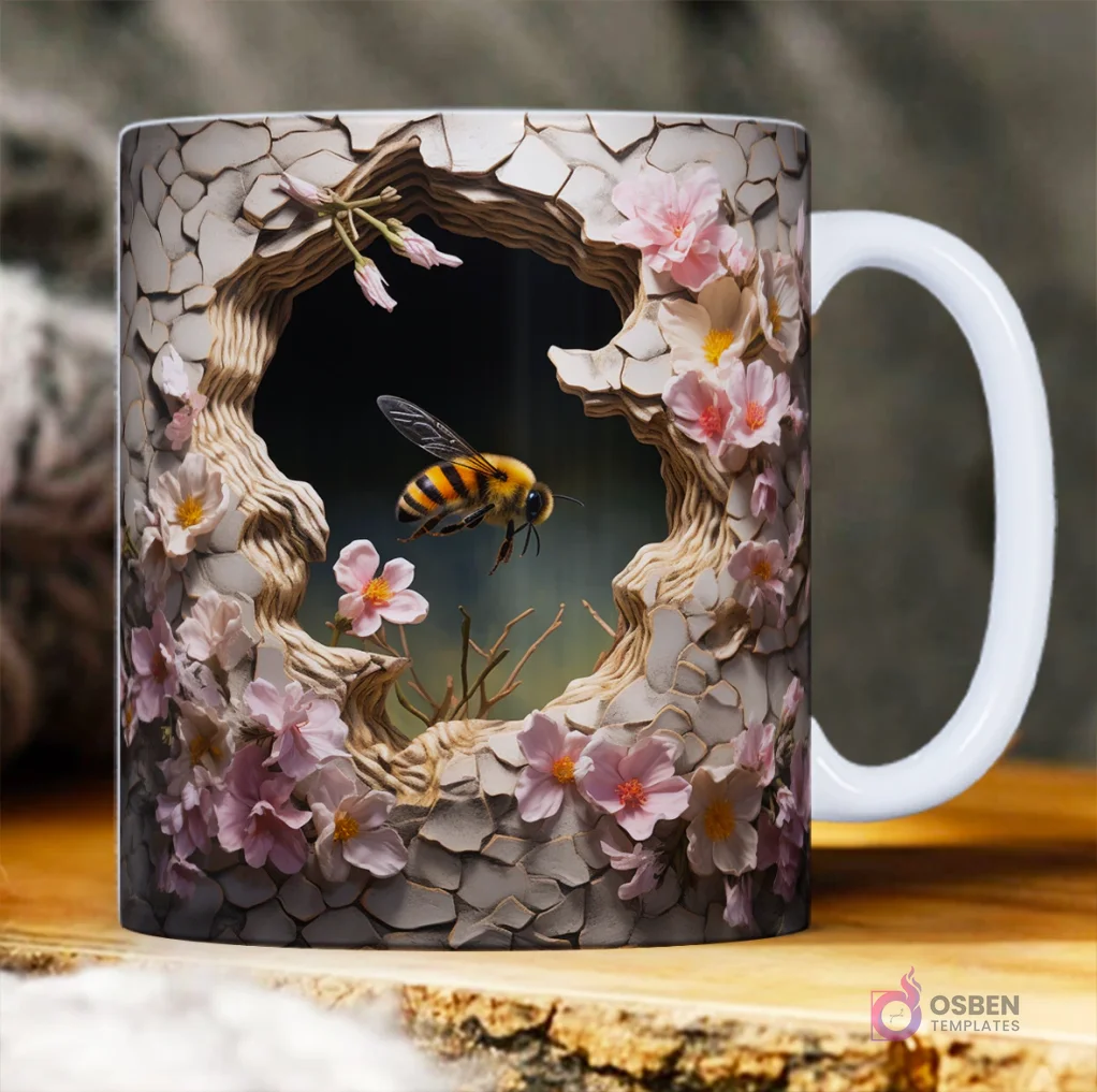 Taza sublimada con abeja volando hacia un nido/hueco en forma de árbol 3D, rodeada de delicadas flores de cerezo rosadas. Taza sublimada con abeja volando hacia un nido/hueco en forma de árbol 3D, rodeada de delicadas flores de cerezo rosadas.