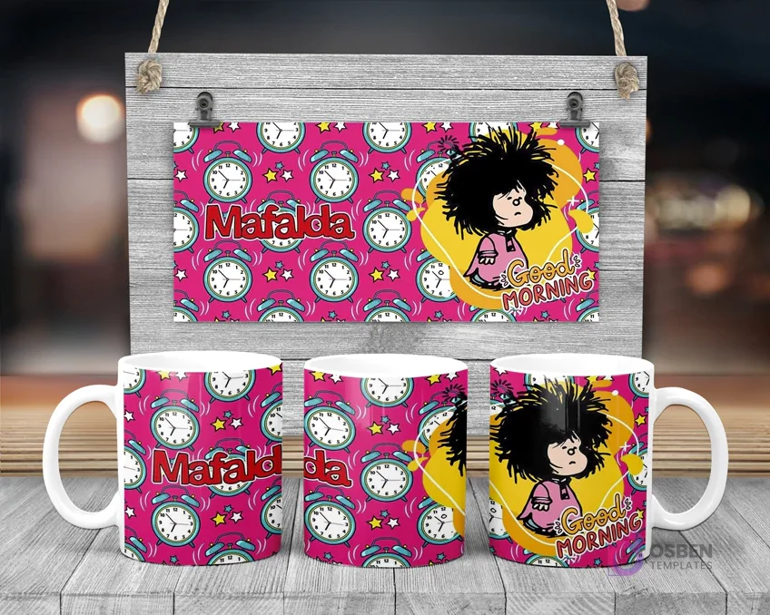 Taza de sublimación de Mafalda despeinada con 'Good Morning' y fondo de despertadores Taza de sublimación de Mafalda despeinada con 'Good Morning' y fondo de despertadores