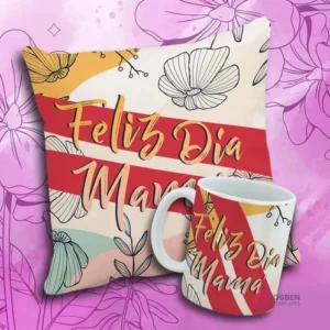 Taza y cojín sublimado con el texto 'Feliz Día Mama', franjas rojas y elementos florales minimalistas.