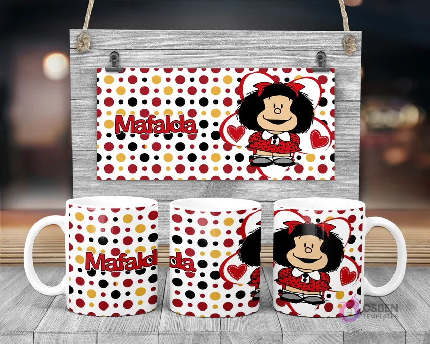 Taza de sublimación con Mafalda sonriente de vestido rojo y fondo de puntos y corazones Taza de sublimación con Mafalda sonriente de vestido rojo y fondo de puntos y corazones