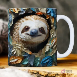 Taza sublimada con simpático perezoso 3D asomándose de un marco de hojas y flores de colores, efecto papel recortado.