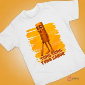 Polera blanca con diseño de personaje animado cilíndrico, naranja, de ojos grandes y sonrisa pícara.