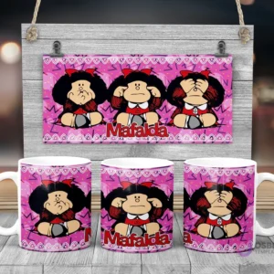 Taza de sublimación de Mafalda en las tres poses de los monos sabios: no veo, no escucho, no hablo