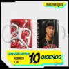 Taza sublimada con diseño 3D Jordan 23 en rojo y retrato de cantante urbano con gorra negra y cadenas de oro
